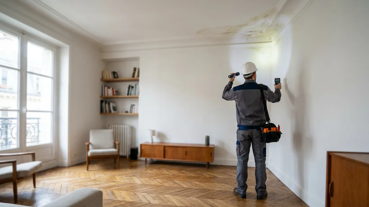 Plafond taché par une infiltration d'eau dans un appartement de Domont, avec un plombier examinant les dégâts