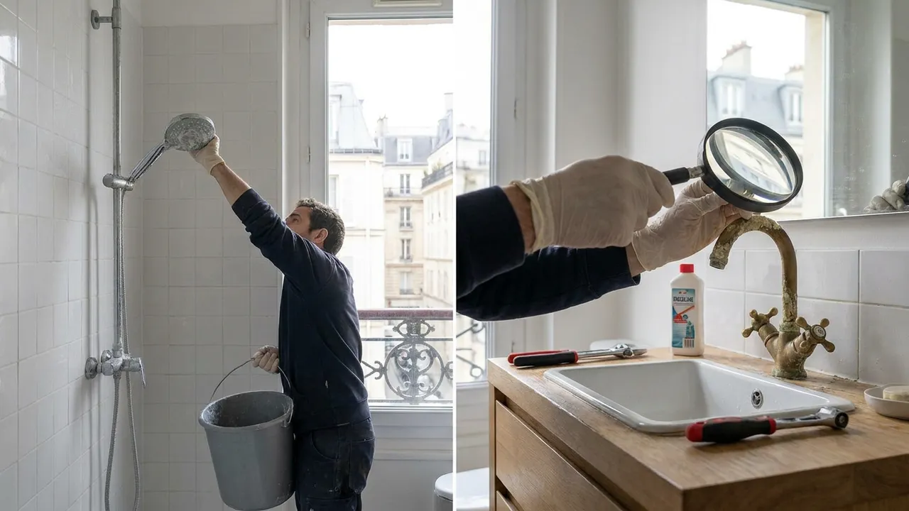 Résistance de chauffe-eau couverte de tartre déposée sur un plan de travail lors d'un entretien à Domont